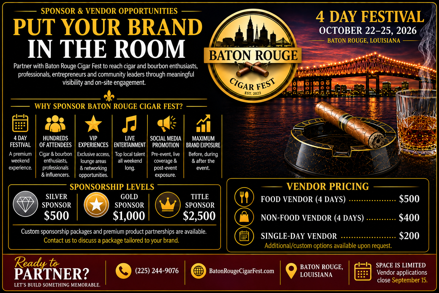 Baton Rouge Cigar Fest 2026 Sponsor and Vendor Opportunities - October 22 through 25, 2026